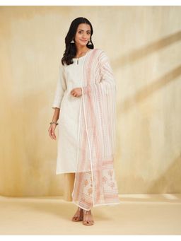 Fabindia - Peach Cotton Silk Stripes Printed Dupatta