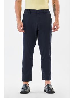 Snitch - Men Navy Blue Textured Slim Formal Trouser