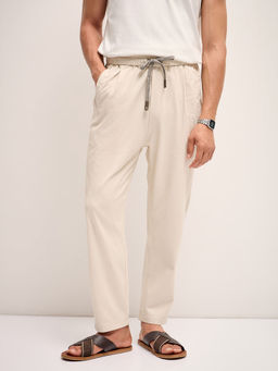 The Bear House - Men's Cream Striped Regular Fit Casual Trouser