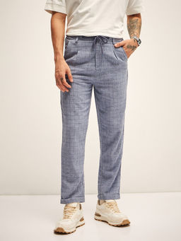 The Bear House - Men's Blue Checked Regular Fit Casual Trouser