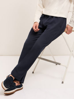 The Bear House - Men's Blue Solid Straight Fit Pleated Korean Trouser