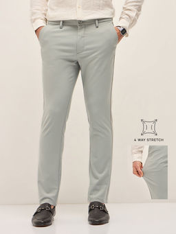 The Bear House - Men's Grey Solid 4 Way Stretch Slim Fit Formal Trouser