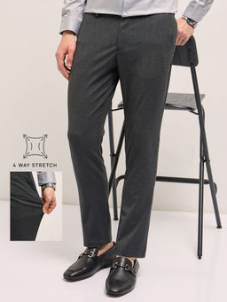 The Bear House - Men's Grey Solid 4 Way Stretch Slim Fit Formal Trouser