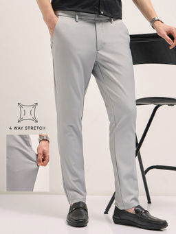 The Bear House - Men's Grey Solid 4 Way Stretch Slim Fit Formal Trouser