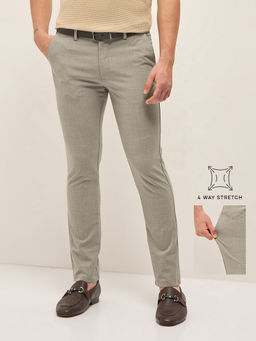 The Bear House - Men's Beige Self Design 4 Way Stretch Slim Fit Formal Trouser