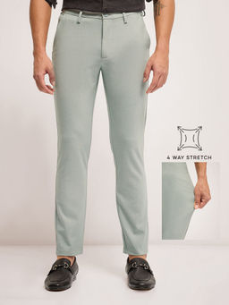 The Bear House - Men's Green Self Design 4 Way Stretch Slim Fit Formal Trouser