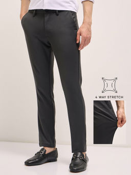 The Bear House - Men's Grey Solid 4 Way Stretch Slim Fit Formal Trouser