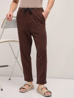 The Bear House - Men's Brown Cotton Tapered Fit Casual Trouser