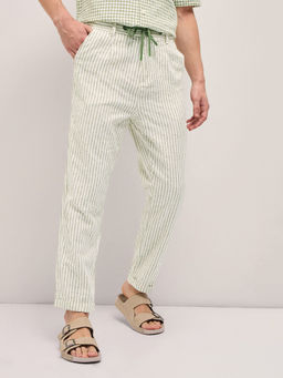 The Bear House - Men's Green Cotton Striped Tapered Fit Casual Trouser
