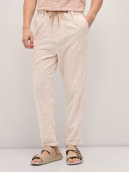 The Bear House - Men's Brown Cotton Striped Tapered Fit Casual Trouser