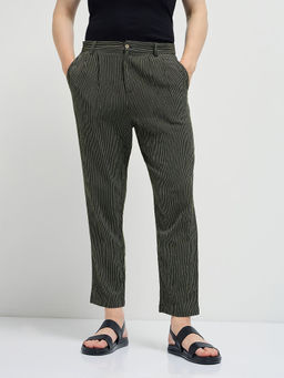 The Bear House - Men's Green Striped Slim Fit Casual Trouser