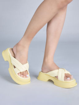 MIXT by Nykaa Fashion - Lemon Yellow Square Toe Crisscross Slider Flatforms