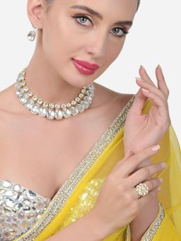Zaveri Pearls - Gold Tone Dazzling Kundan Statement Necklace Earring Ring Set-ZPFK15659