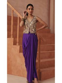 Basanti Kapde aur Koffee - Purple Amethyst Atelier Embroidered Draped Top with Skirt