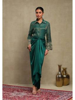 DOHR INDIA - Elina Emerald Green Hand Embroidered Tissue Shirt with Skirt and Slip