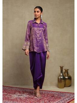 DOHR INDIA - Elina Deep Purple Hand Embroidered Tissue Shirt with Skirt and Slip
