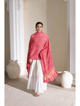 VASTRA RAAG - Pink Pure Modal Silk Bandhani Zari Lagdi Patta Barbag Dupatta