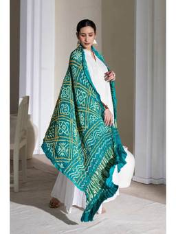 VASTRA RAAG - Rama Green Pure Modal Silk Bandhani Zari Lagdi Patta Barbag Dupatta