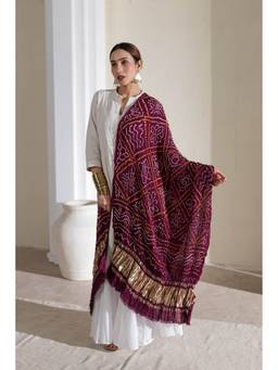 VASTRA RAAG - Wine Pure Modal Silk Bandhani Zari Lagdi Patta Barbag Dupatta