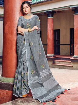 EXCLUSIVA - Grey Linen Saree with Unstitched Blouse