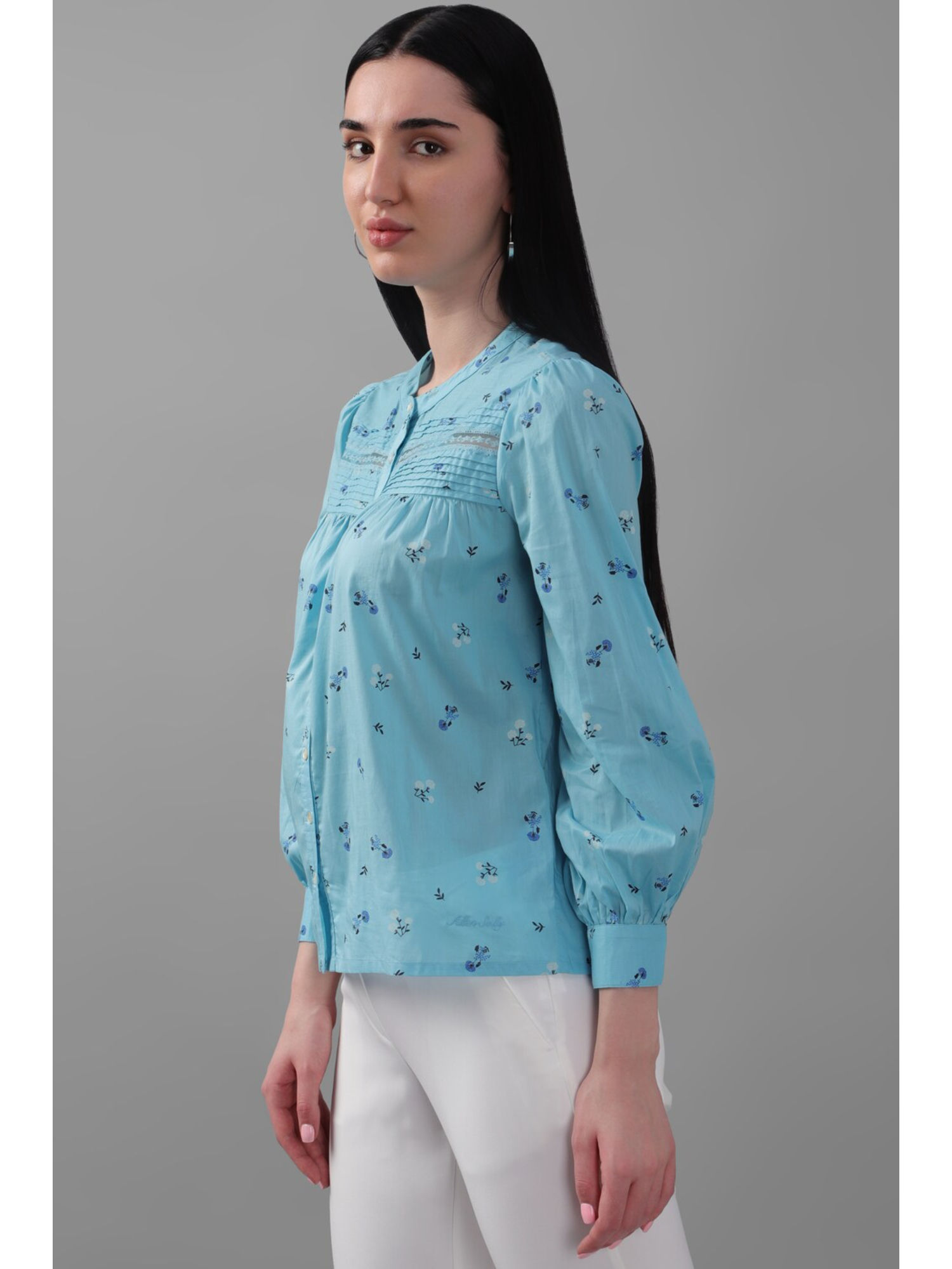 Women Blue Printed Long Sleeves Shirt-image-7
