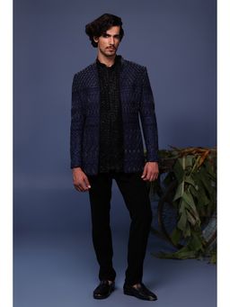 KALPRAAG - Navy Blue Silk Embroidered Kurta with Jacket and Trouser