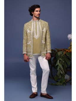 KALPRAAG - Green Viscose Embroidered Kurta with Jacket and Trouser
