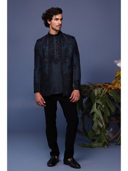 KALPRAAG - Navy Blue Silk Embroidered Kurta with Jacket and Trouser
