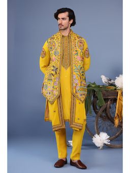 KALPRAAG - Yellow Viscose Embroidered Kurta Jacket Set