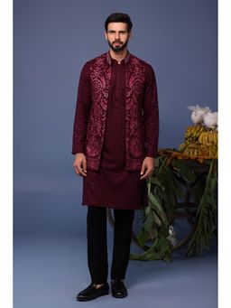 KALPRAAG - Maroon Viscose Embroidered Kurta with Jacket and Trouser
