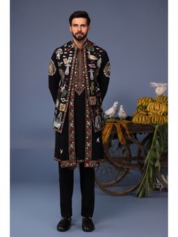 KALPRAAG - Black Viscose Embroidered Kurta Jacket Set