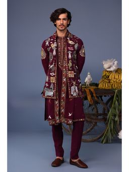 KALPRAAG - Wine Viscose Embroidered Kurta Jacket Set