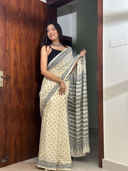 SainSisters - Off White Printed Saree with Unstitched Blouse with Unstitched