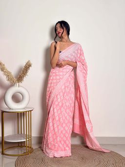 SainSisters - Peach Printed Saree with Unstitched Blouse with Unstitched