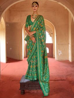Elora - Green Printed Saree with Unstitched Blouse with Unstitched