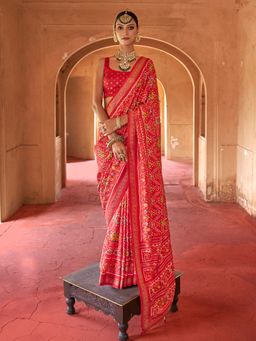 Elora - Red Printed Saree with Unstitched Blouse with Unstitched