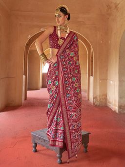 Elora - Maroon Printed Saree with Unstitched Blouse with Unstitched