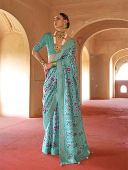Elora - Turquoise Printed Saree with Unstitched Blouse with Unstitched