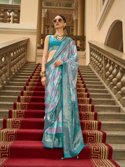 Elora - Blue Printed Saree with Unstitched Blouse with Unstitched