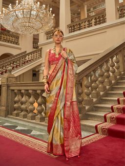 Elora - Red Printed Saree with Unstitched Blouse with Unstitched