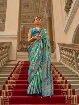 Elora - Blue Printed Saree with Unstitched Blouse with Unstitched