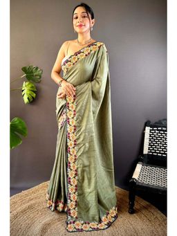 SGF11 - Olive Floral Saree with Unstitched Blouse with Unstitched