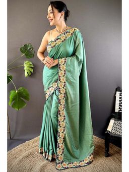 SGF11 - Green Floral Saree with Unstitched Blouse with Unstitched