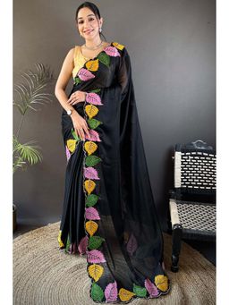 SGF11 - Black Embroidered Saree with Unstitched Blouse with Unstitched