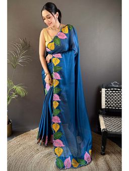 SGF11 - Blue Embroidered Saree with Unstitched Blouse with Unstitched