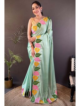 SGF11 - Green Embroidered Saree with Unstitched Blouse with Unstitched