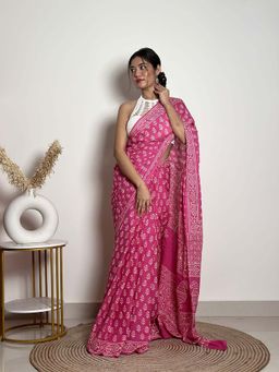 SainSisters - Pink Printed Saree with Unstitched Blouse with Unstitched