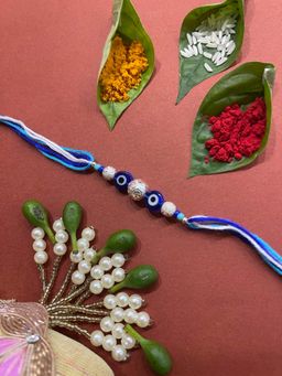Digital Dress Room - Beautiful Designer Rakhi Silver Plated Beads Evil Eye Charm Thread Rakhee