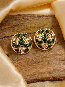 Estele - Gold Tone Adorable Kundan Stud Earrings with Green Enamel for Women