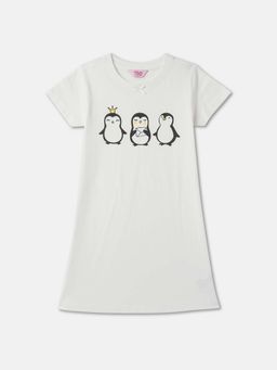 R&B - Cotton Graphic Print Round Neck Half Sleeves Bow Detail Girls Night Dress